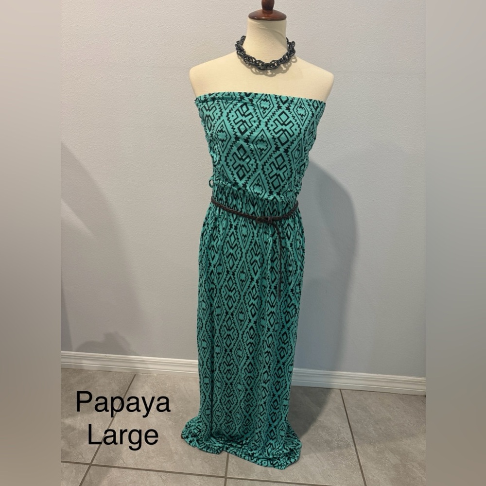Papaya Teal and Black Strapless Dress